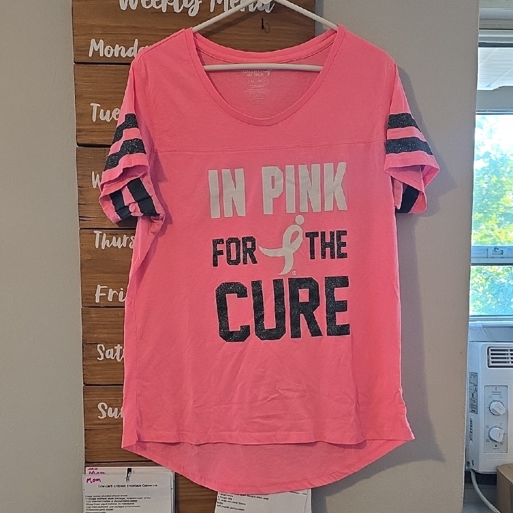 Pink Short Sleeve Tee with Striped Sleeves